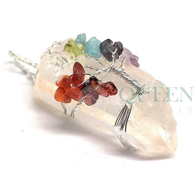 Rough Clear Quartz Pendant With Chakra Crystal