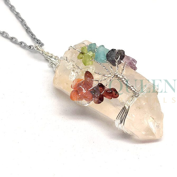 Rough Clear Quartz Pendant With Chakra Crystal