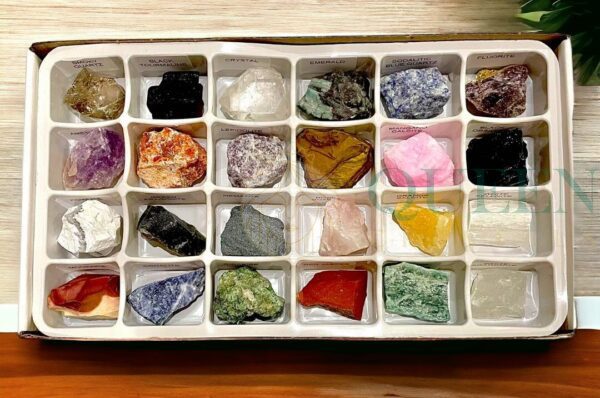 Crystal healing energy and serenity concept with various crystals arranged beautifully.