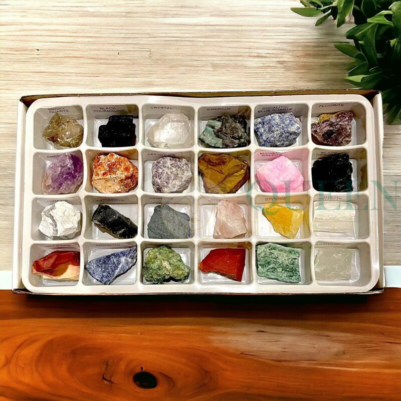 Crystal healing energy and serenity concept with various crystals arranged beautifully.